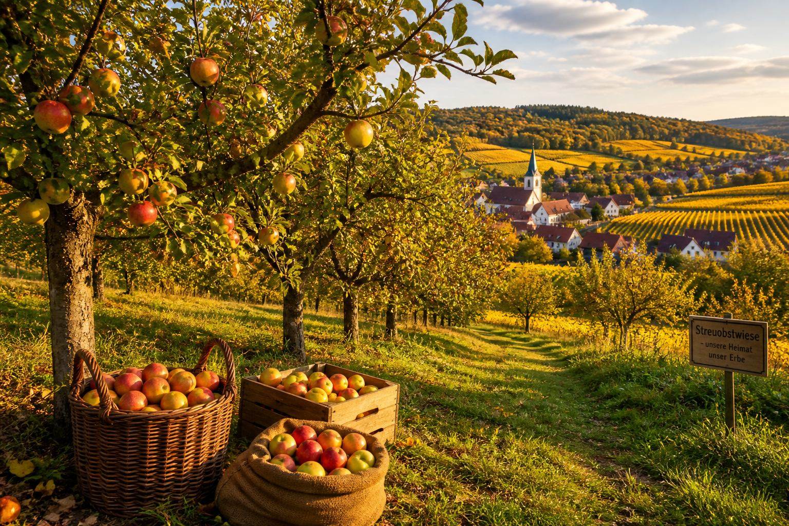 Obstgarten und Felder in Franken im Übergangslicht zwischen Sommer und Herbst