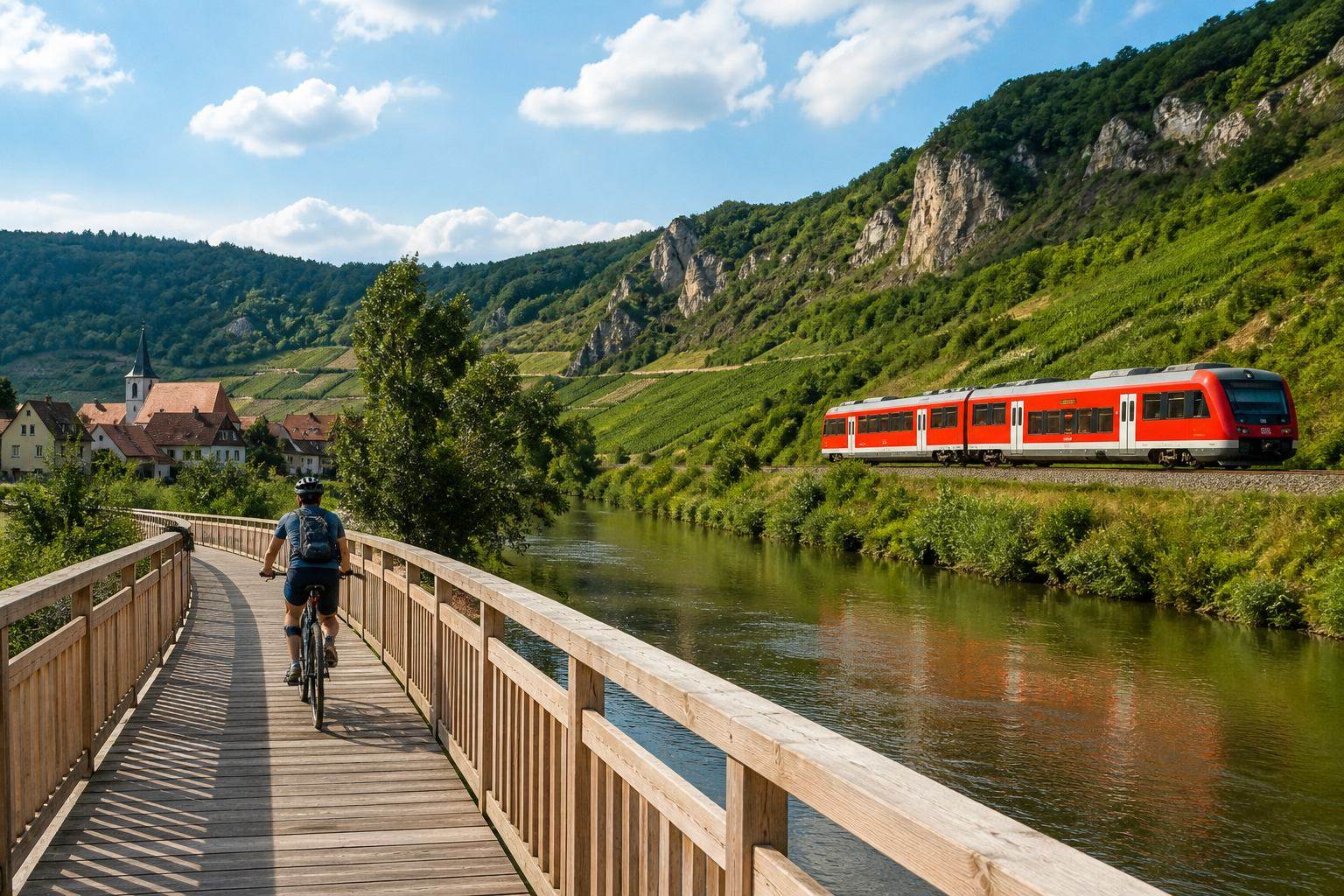 Kleine Brücke und Radweg entlang eines Flusses in Franken